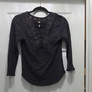 Free People Charcoal Lace-Up Blouse